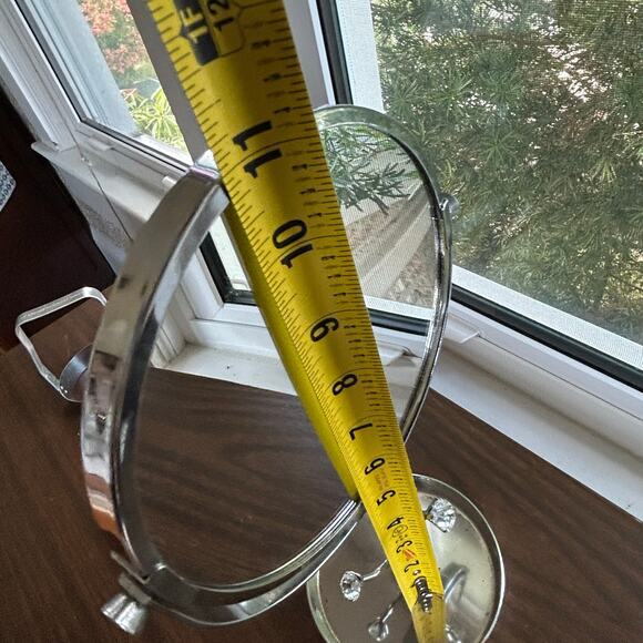 Vintage Chrome Vanity Mirror with Rhinestone Accents and Jewelry Tray – 11” - Picture 12 of 14